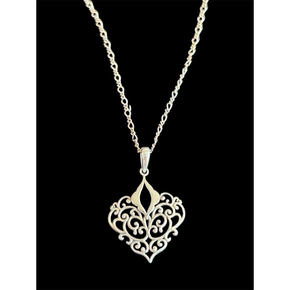 Sterling Silver Boho Filagree Heart Pendant Necklace 20” Chain 925 Boma